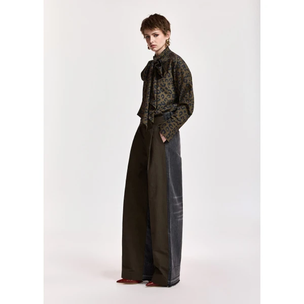 Essentiel Antwerp Khaki and black dual-fabric wide-leg pants, view 3