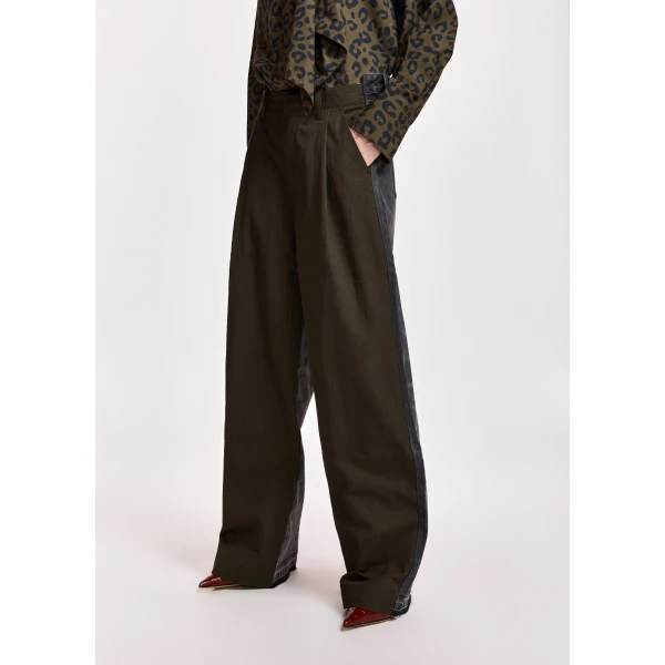Essentiel Antwerp Khaki and black dual-fabric wide-leg pants, view 4