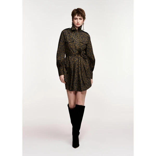 Essentiel Antwerp Khaki and black leopard-print mini shirt dress, view 2