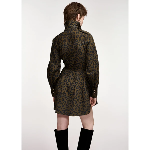 Essentiel Antwerp Khaki and black leopard-print mini shirt dress, view 5