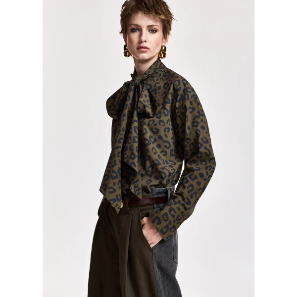 Essentiel Antwerp Khaki and navy leopard-print pussy-bow shirt, view 2