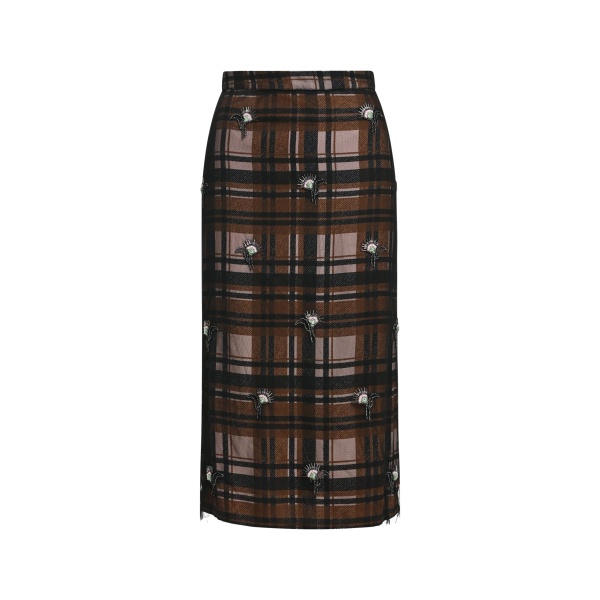 Essentiel Antwerp Khaki, black and light brown floral-embellished tulle midi skirt