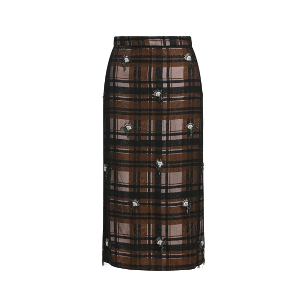 Essentiel Antwerp Khaki, black and light brown floral-embellished tulle midi skirt