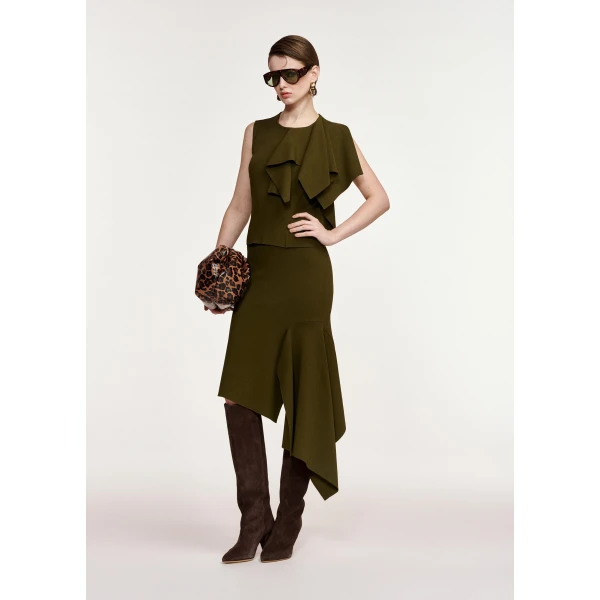 Essentiel Antwerp Khaki draped asymmetrical midi skirt, view 2