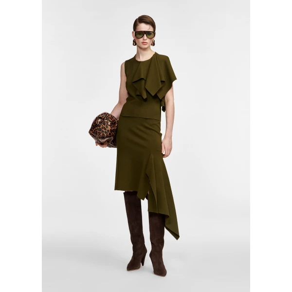 Essentiel Antwerp Khaki draped asymmetrical midi skirt, view 6