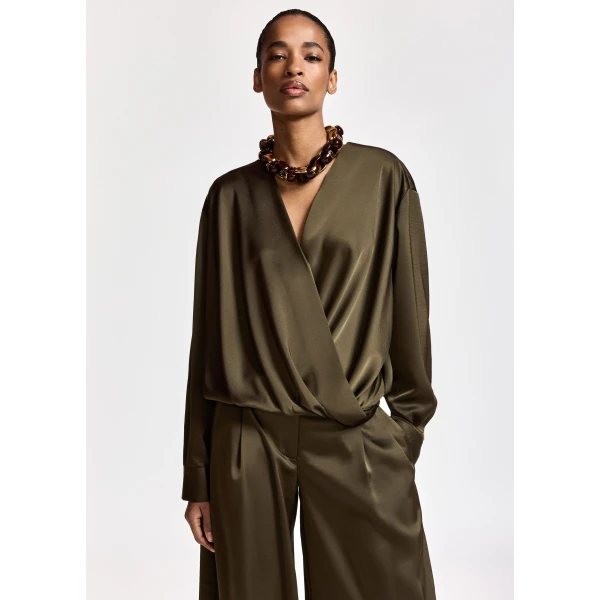 Essentiel Antwerp Khaki draped wrap top with V-neck, view 2