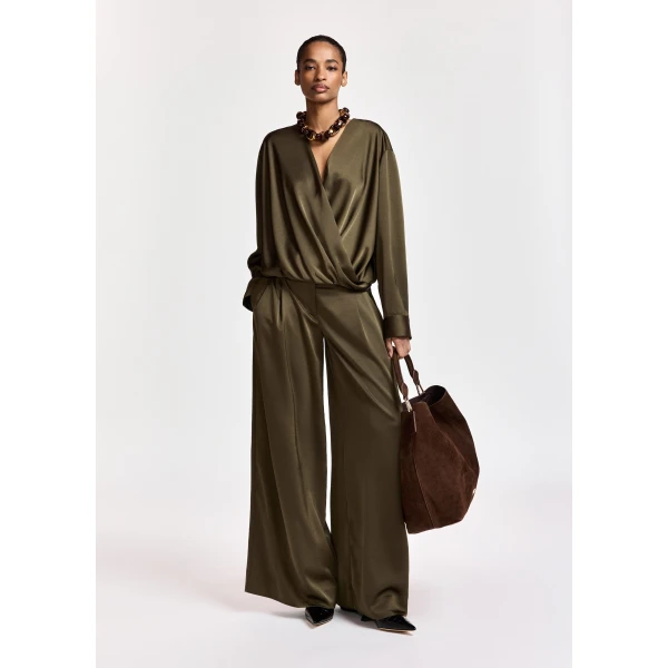 Essentiel Antwerp Khaki draped wrap top with V-neck, view 3