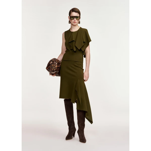 Essentiel Antwerp Khaki structured knitted top with draped ruffle detail, view 2