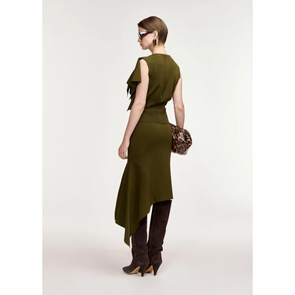 Essentiel Antwerp Khaki structured knitted top with draped ruffle detail, view 3
