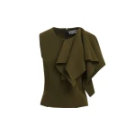 Essentiel Antwerp Khaki structured knitted top with draped ruffle detail