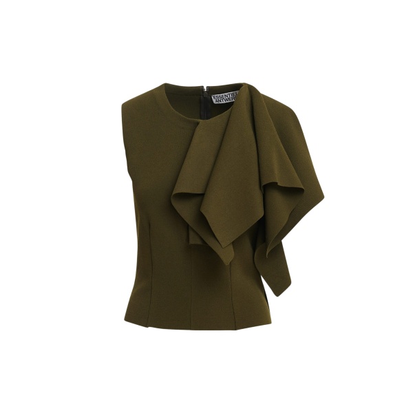 Essentiel Antwerp Khaki structured knitted top with draped ruffle detail