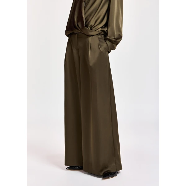 Essentiel Antwerp Khaki wide-leg satin pants, view 3