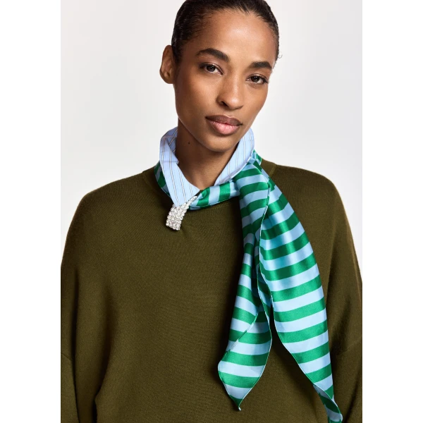 Essentiel Antwerp Khaki wool-blend sweater with embellished blue and green striped scarf detail, view 2