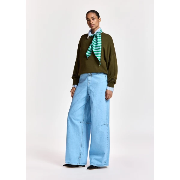 Essentiel Antwerp Khaki wool-blend sweater with embellished blue and green striped scarf detail, view 3