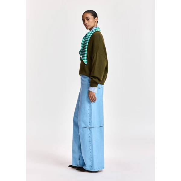 Essentiel Antwerp Khaki wool-blend sweater with embellished blue and green striped scarf detail, view 4