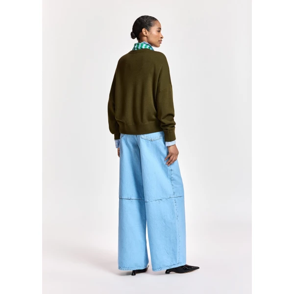Essentiel Antwerp Khaki wool-blend sweater with embellished blue and green striped scarf detail, view 5