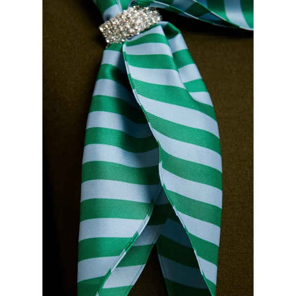Essentiel Antwerp Khaki wool-blend sweater with embellished blue and green striped scarf detail, view 6