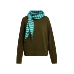 Essentiel Antwerp Khaki wool-blend sweater with embellished blue and green striped scarf detail