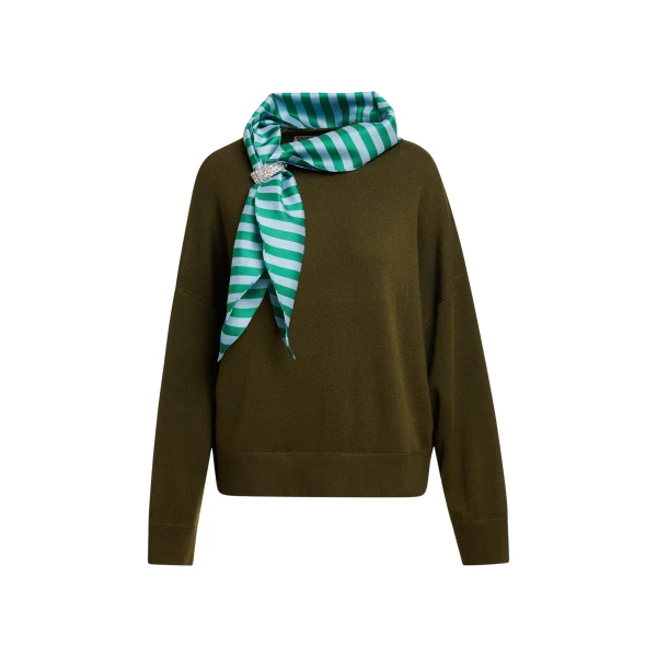 Essentiel Antwerp Khaki wool-blend sweater with embellished blue and green striped scarf detail