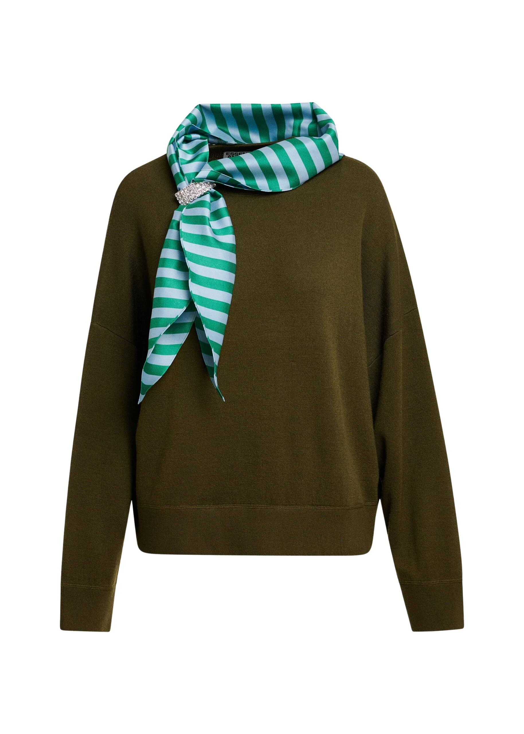 Essentiel-Antwerp-Khaki-wool-blend-sweater-with-embellished-blue-and-green-striped-scarf-detail-scaled33261_nobg Essentiel Antwerp Khaki wool-blend sweater with embellished blue and green striped scarf detail