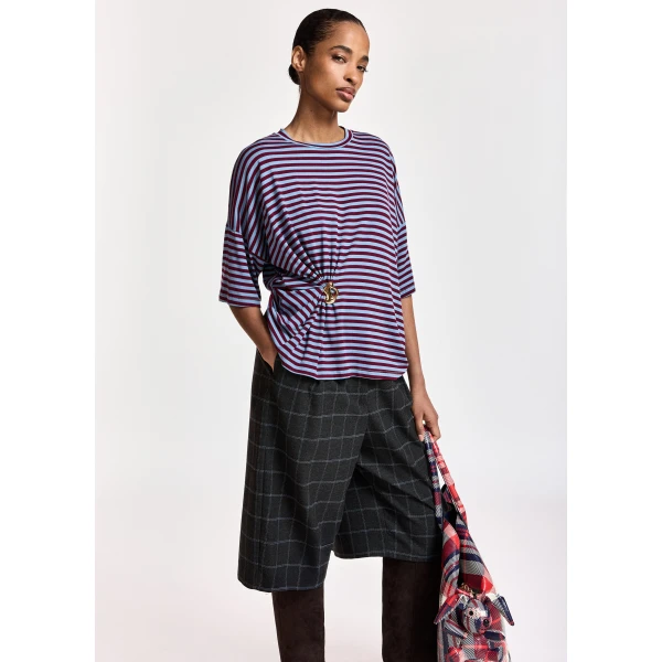 Essentiel Antwerp Light blue and burgudy striped T-shirt with gold statement brooch detail Top, view 2