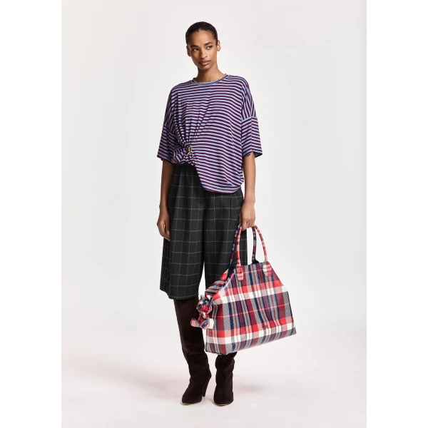 Essentiel Antwerp Light blue and burgudy striped T-shirt with gold statement brooch detail Top, view 4