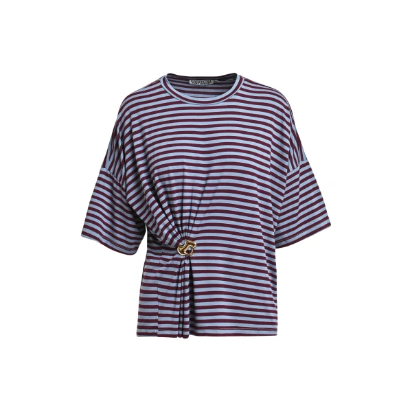 Essentiel Antwerp Light blue and burgudy striped T-shirt with gold statement brooch detail Top
