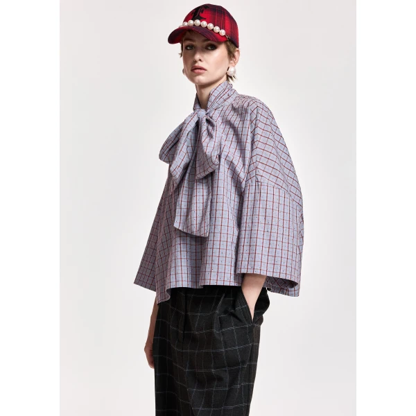 Essentiel Antwerp Light blue and dark red checked pussy-bow top with trumpet sleeves, view 2