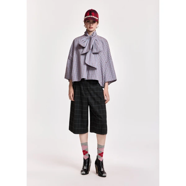 Essentiel Antwerp Light blue and dark red checked pussy-bow top with trumpet sleeves, view 3
