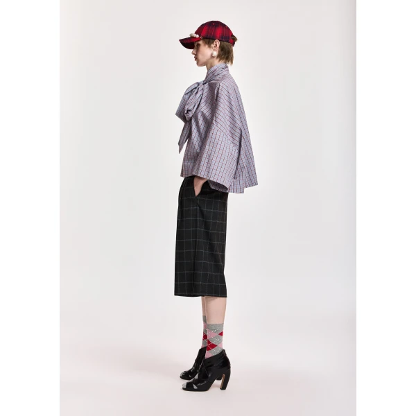 Essentiel Antwerp Light blue and dark red checked pussy-bow top with trumpet sleeves, view 4