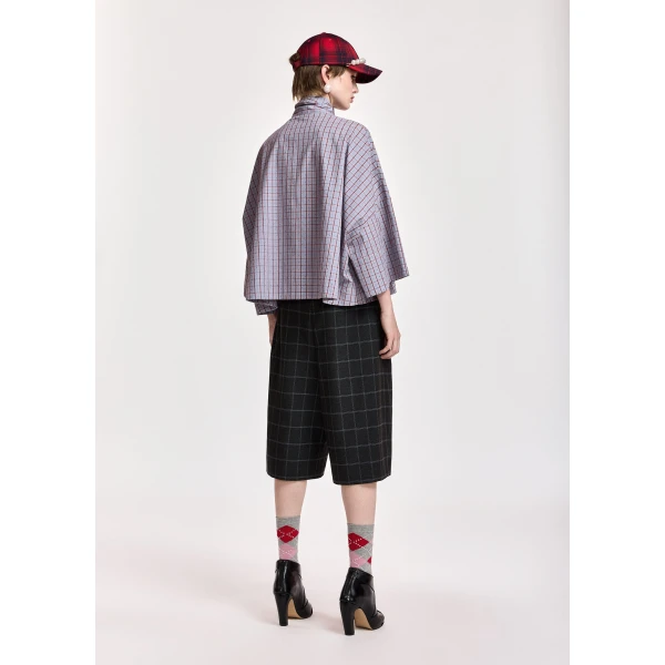 Essentiel Antwerp Light blue and dark red checked pussy-bow top with trumpet sleeves, view 5