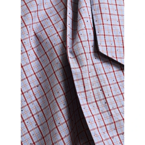 Essentiel Antwerp Light blue and dark red checked pussy-bow top with trumpet sleeves, view 6