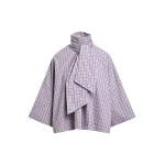 Essentiel Antwerp Light blue and dark red checked pussy-bow top with trumpet sleeves