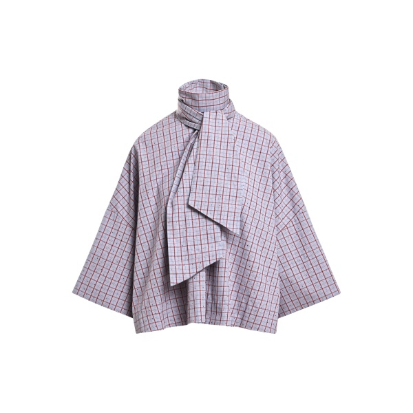 Essentiel Antwerp Light blue and dark red checked pussy-bow top with trumpet sleeves