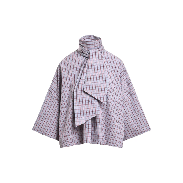 Essentiel Antwerp Light blue and dark red checked pussy-bow top with trumpet sleeves