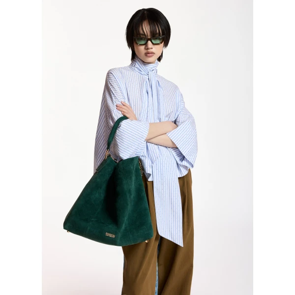 Essentiel Antwerp Light blue and white striped pussy-bow top with trumpet sleeves, view 2