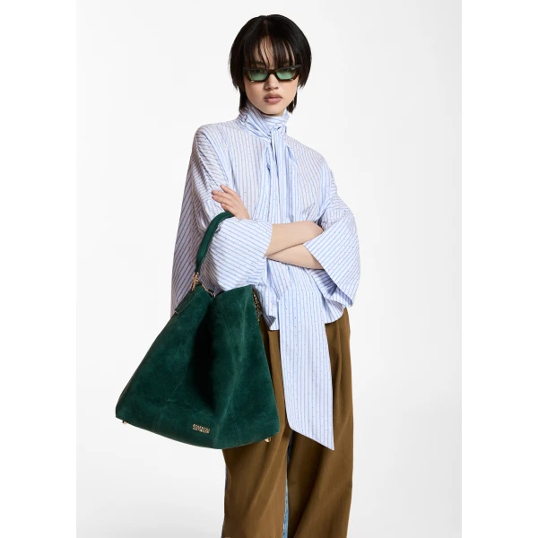 Essentiel Antwerp Light blue and white striped pussy-bow top with trumpet sleeves, view 3