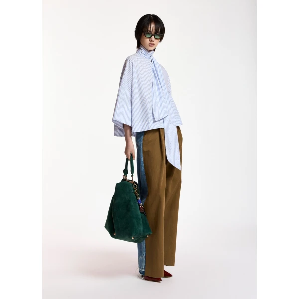 Essentiel Antwerp Light blue and white striped pussy-bow top with trumpet sleeves, view 4