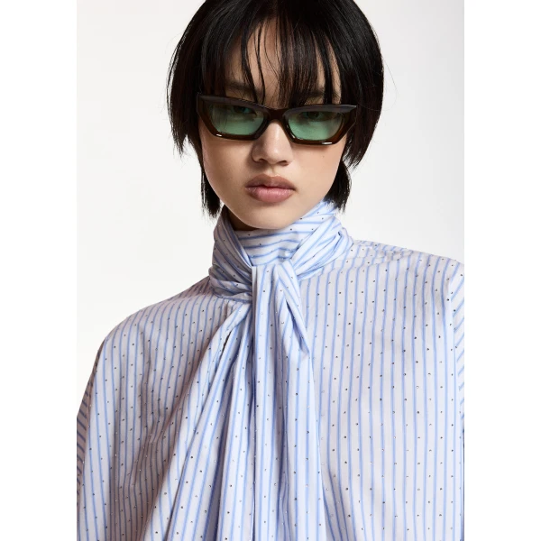 Essentiel Antwerp Light blue and white striped pussy-bow top with trumpet sleeves, view 5