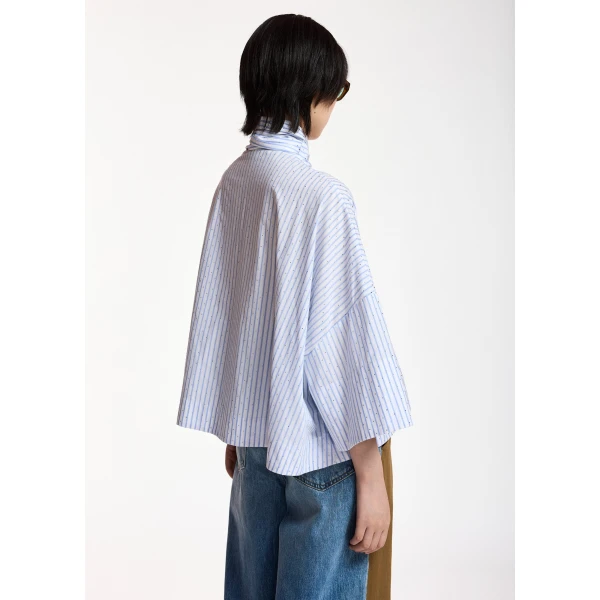 Essentiel Antwerp Light blue and white striped pussy-bow top with trumpet sleeves, view 6