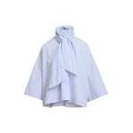 Essentiel Antwerp Light blue and white striped pussy-bow top with trumpet sleeves