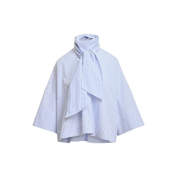 Essentiel Antwerp Light blue and white striped pussy-bow top with trumpet sleeves