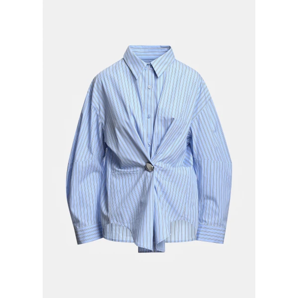 Essentiel Antwerp Light blue, off-white and black oversized striped shirt with separate brooch, view 2