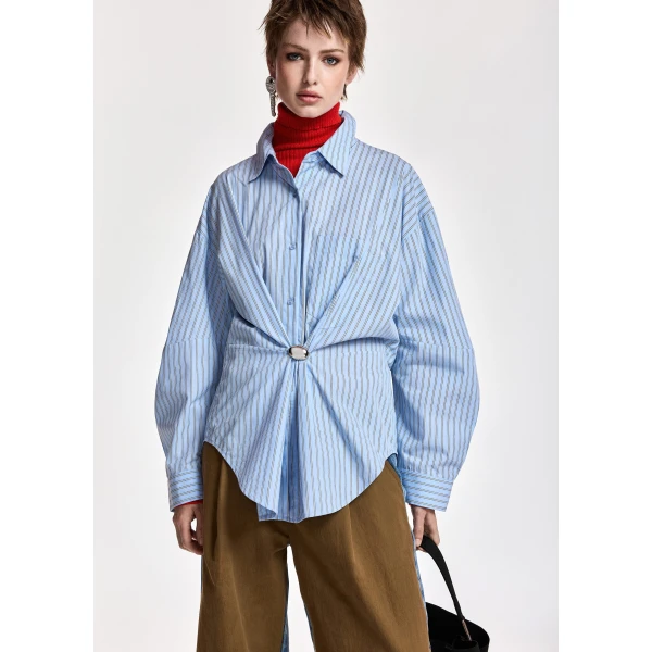 Essentiel Antwerp Light blue, off-white and black oversized striped shirt with separate brooch, view 3