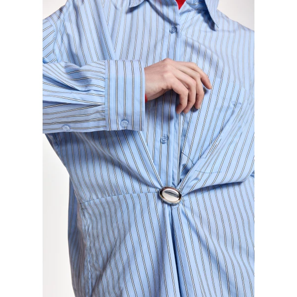 Essentiel Antwerp Light blue, off-white and black oversized striped shirt with separate brooch, view 4