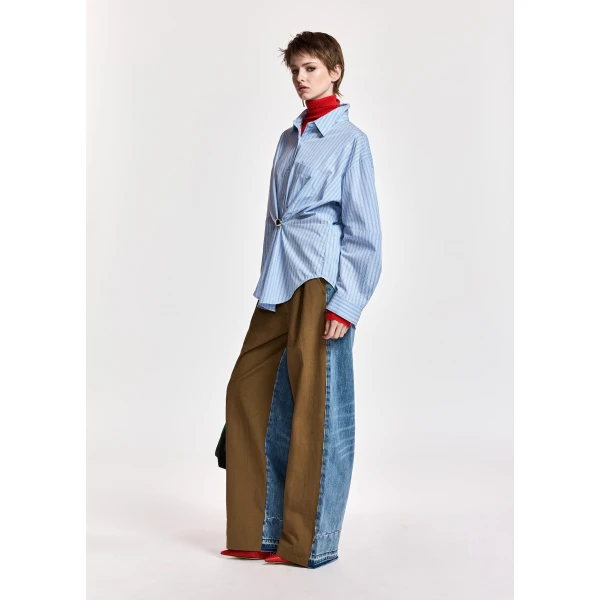 Essentiel Antwerp Light blue, off-white and black oversized striped shirt with separate brooch, view 5