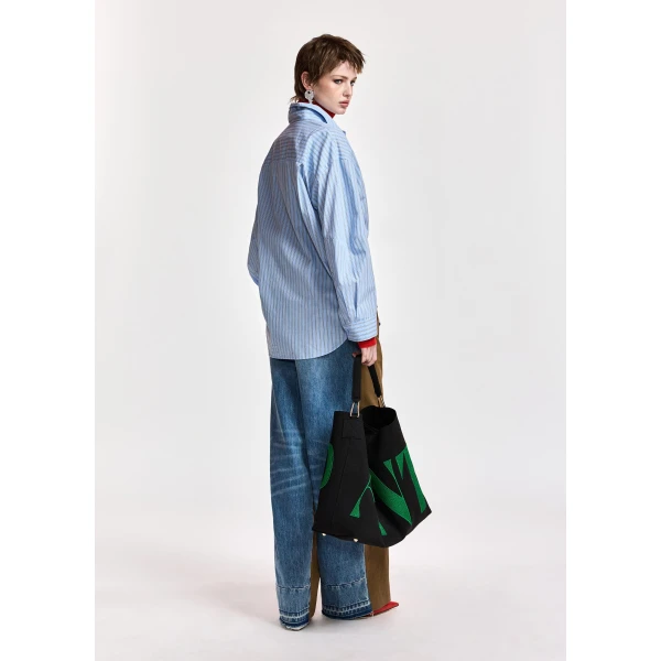 Essentiel Antwerp Light blue, off-white and black oversized striped shirt with separate brooch, view 6