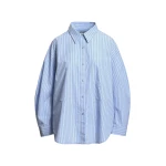 Essentiel Antwerp Light blue, off-white and black oversized striped shirt with separate brooch