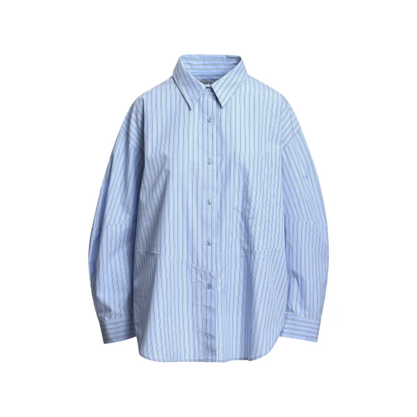 Essentiel Antwerp Light blue, off-white and black oversized striped shirt with separate brooch