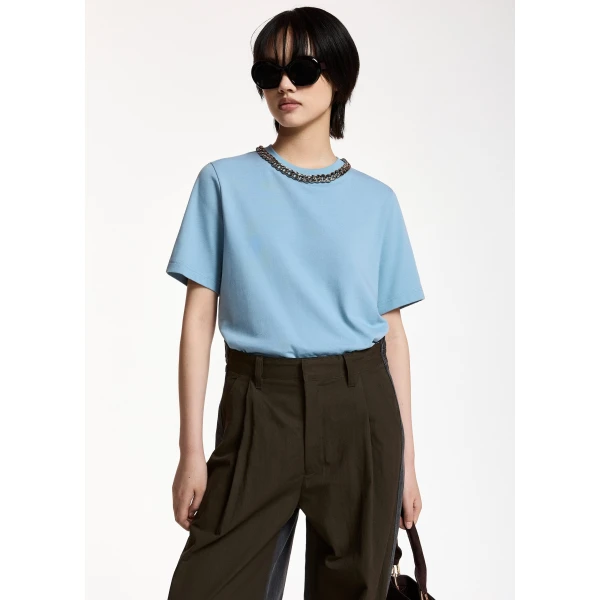 Essentiel Antwerp Light blue organic cotton T-shirt with chain-embellished neckline Top, view 2